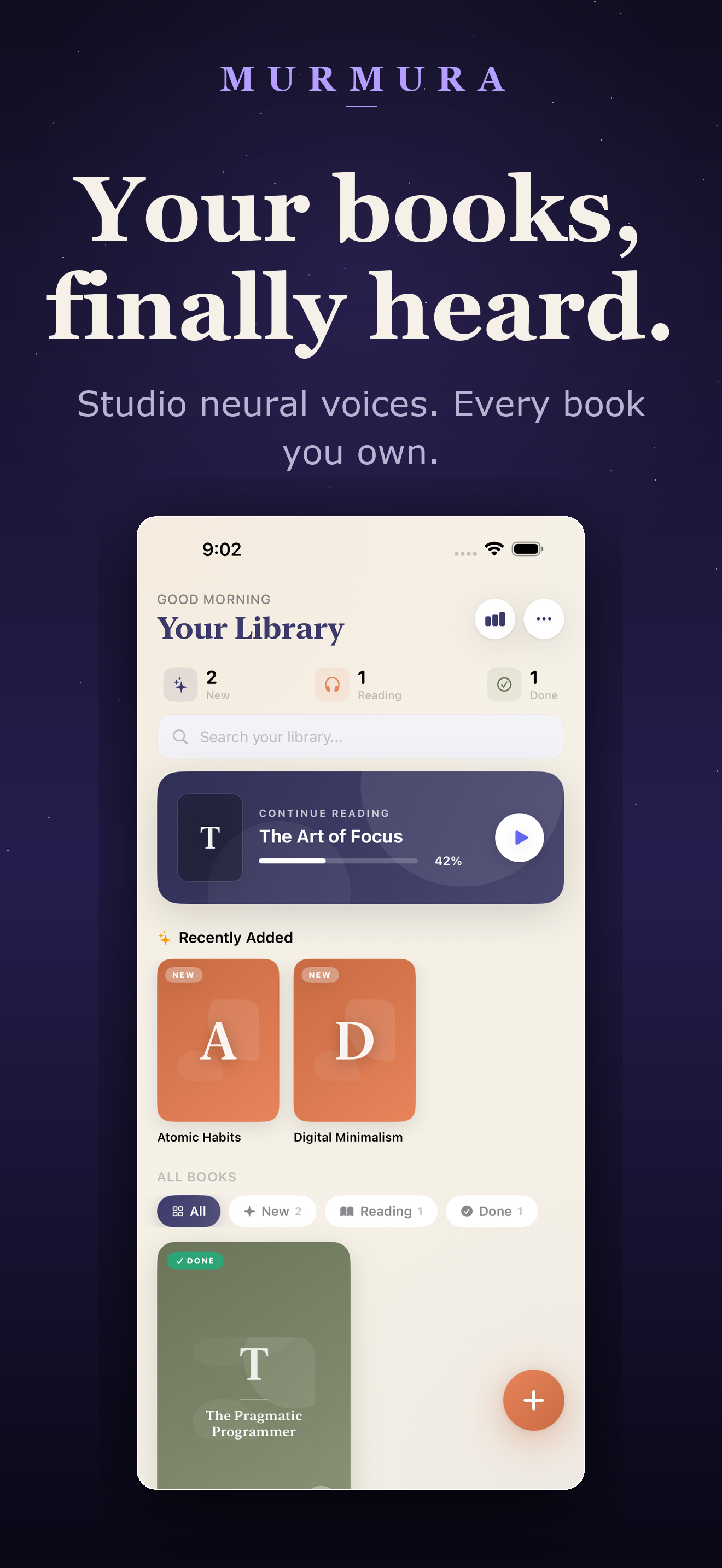 Murmura library view on iPhone showing imported PDFs and EPUBs ready to listen as audiobooks