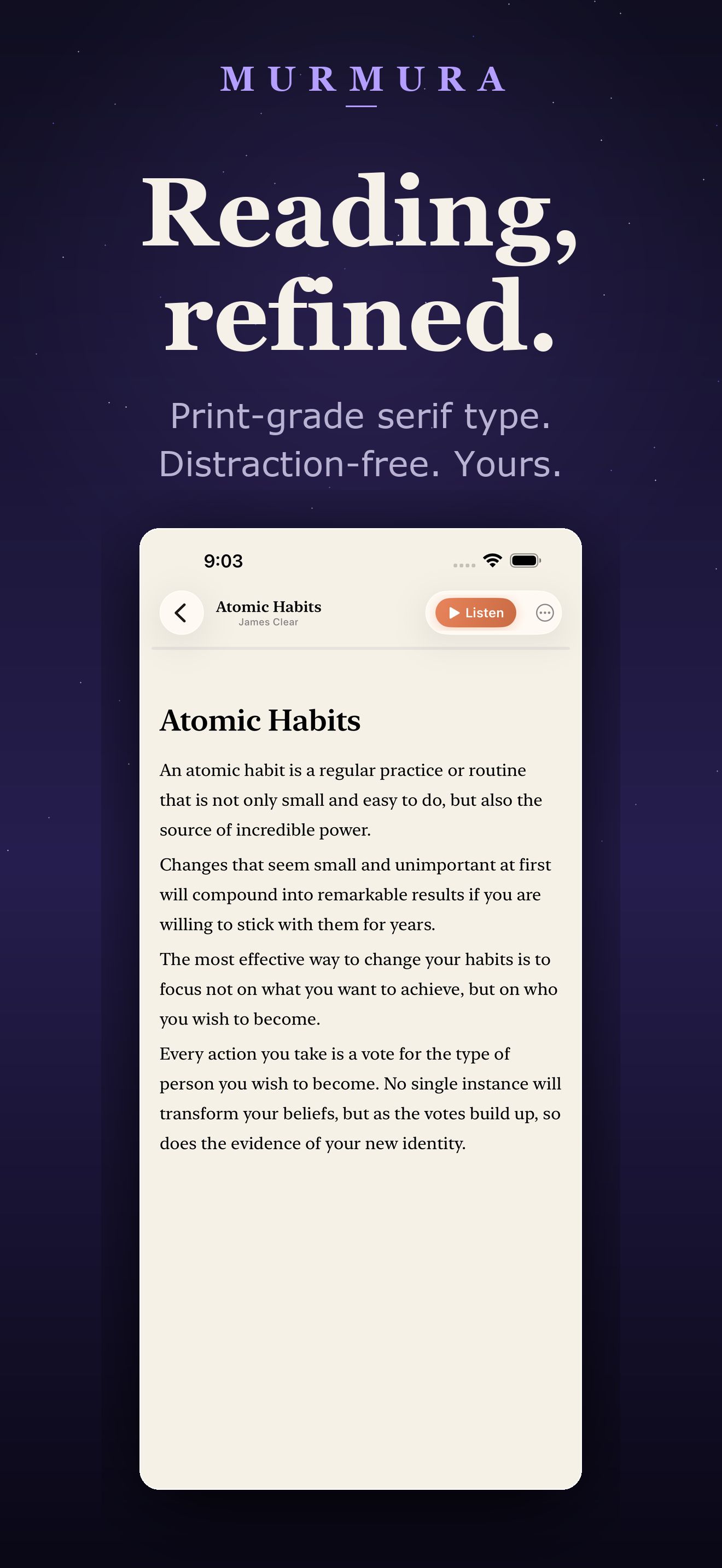 Reader view with Kindle-class typography, chapter navigation and zero-lag scrolling